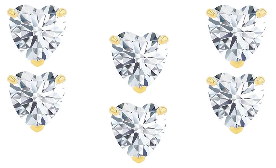 18k Yellow Gold Plated 1/2Ct Heart White Sapphire Set Of Three Stud Earrings