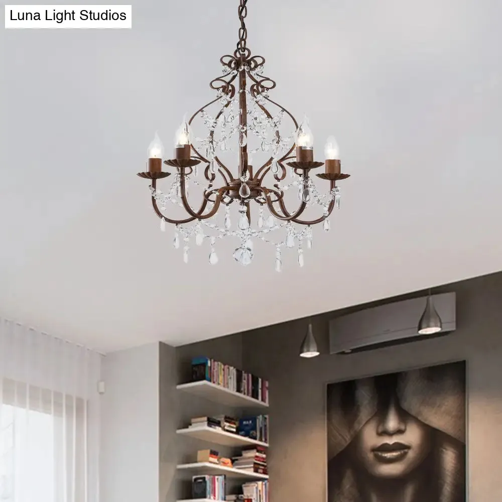 Antique Style Candle Pendant Chandelier Light with Clear Crystal Strands - 5 Lights, Dark Rust Finish - Ideal for Foyer