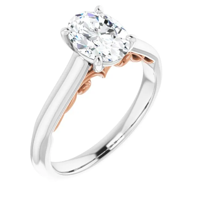 Cubic Zirconia Engagement Ring- The Adelaide (Customizable Oval Cut Cathedral Solitaire with Two-Tone Option Decorative Trellis 'Down Under')