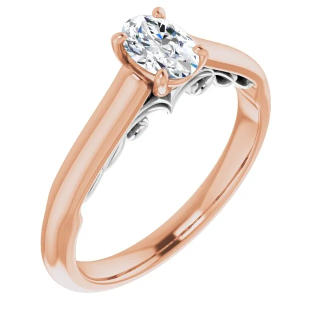 Cubic Zirconia Engagement Ring- The Adelaide (Customizable Oval Cut Cathedral Solitaire with Two-Tone Option Decorative Trellis 'Down Under')