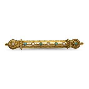 Estate 14k Yellow Gold Antique Turquoise and Pearl Brooch