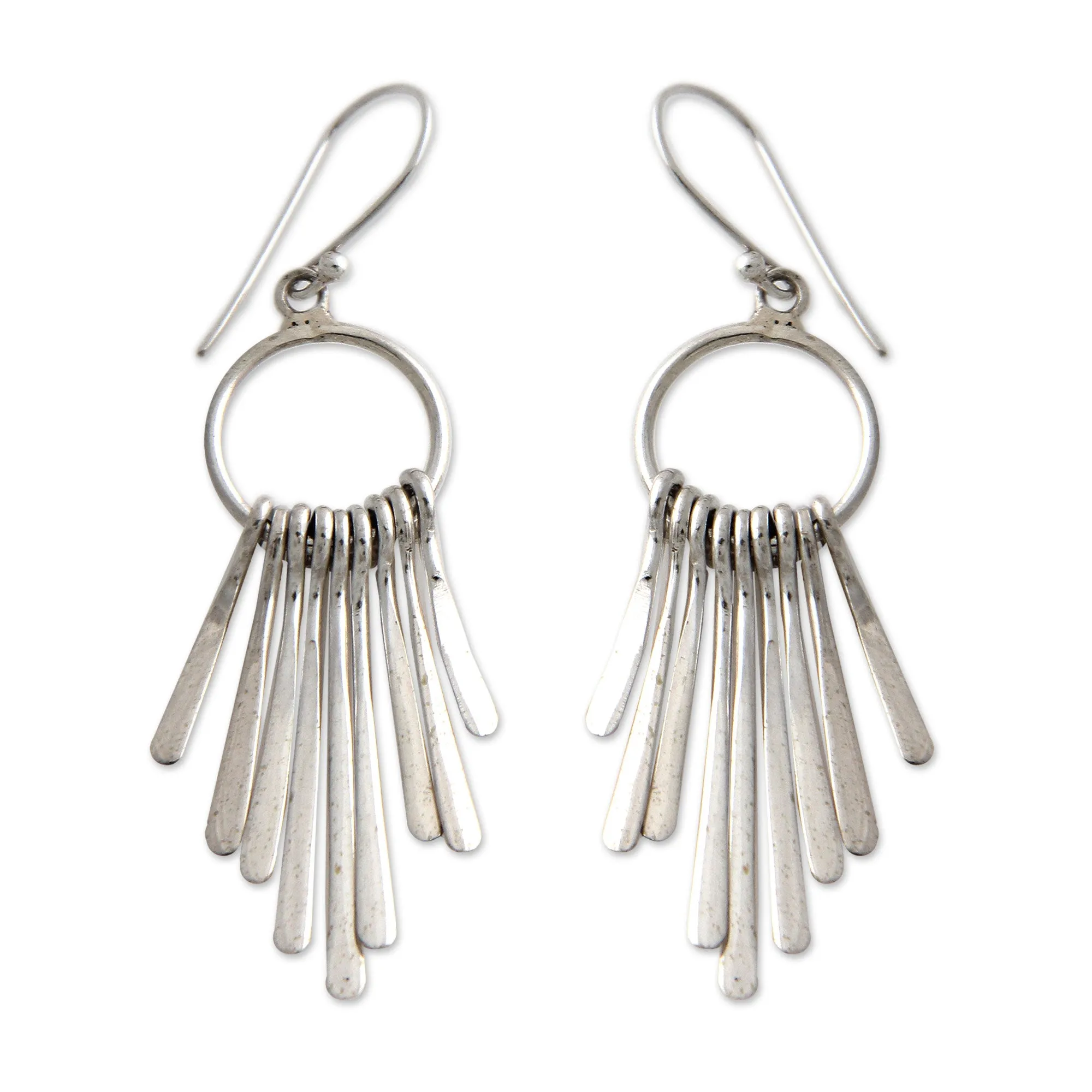 Feather Cascade Silver Chandelier Earrings