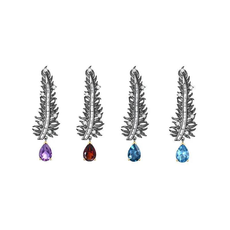 Feather Style Natural Colourful Gemstone Brooch Pendant Dual-use Silver Necklace for Women