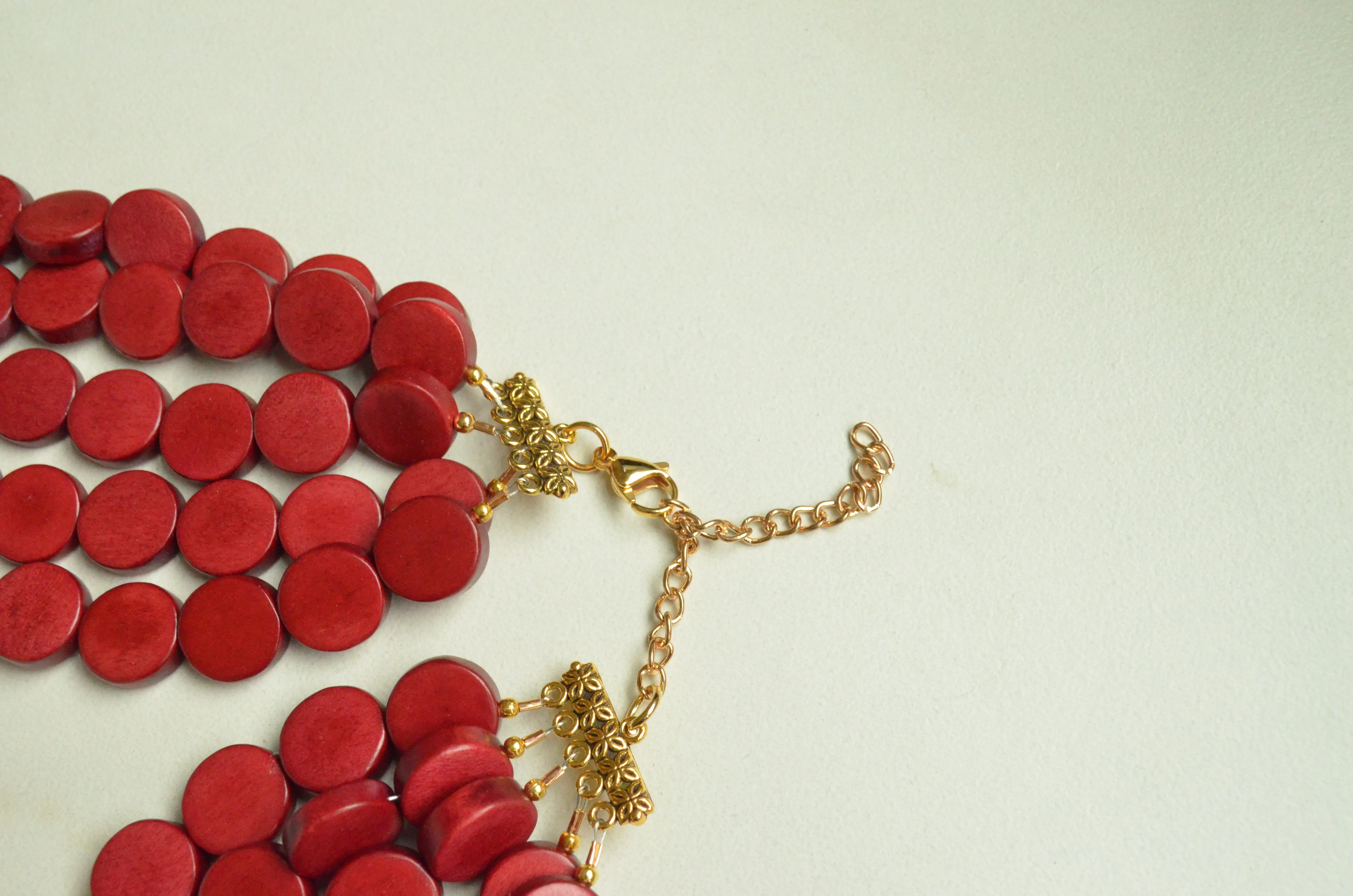 Garnet Red Gold Wood Beaded Multi Strand Statement Necklace - Regan