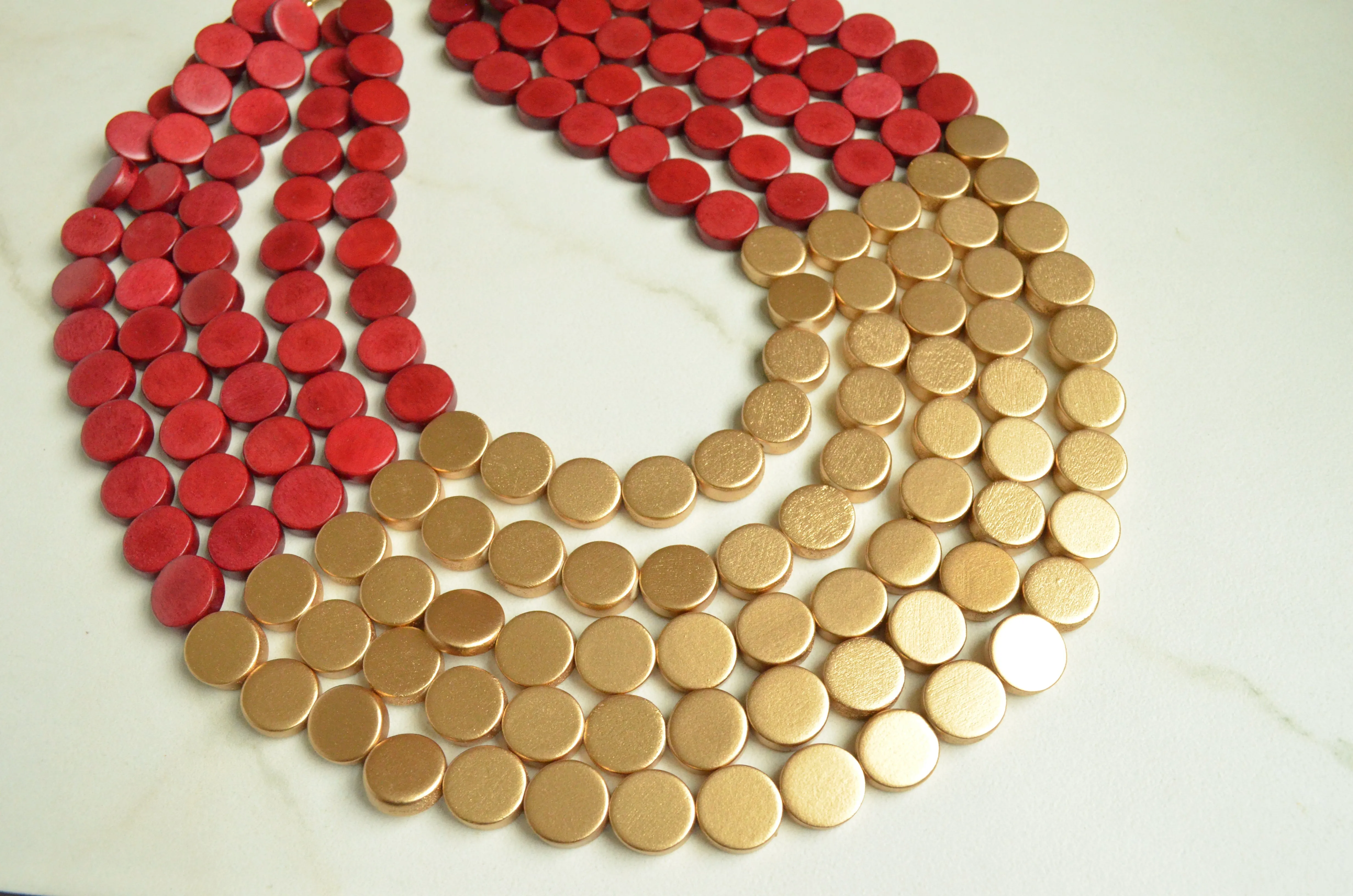 Garnet Red Gold Wood Beaded Multi Strand Statement Necklace - Regan