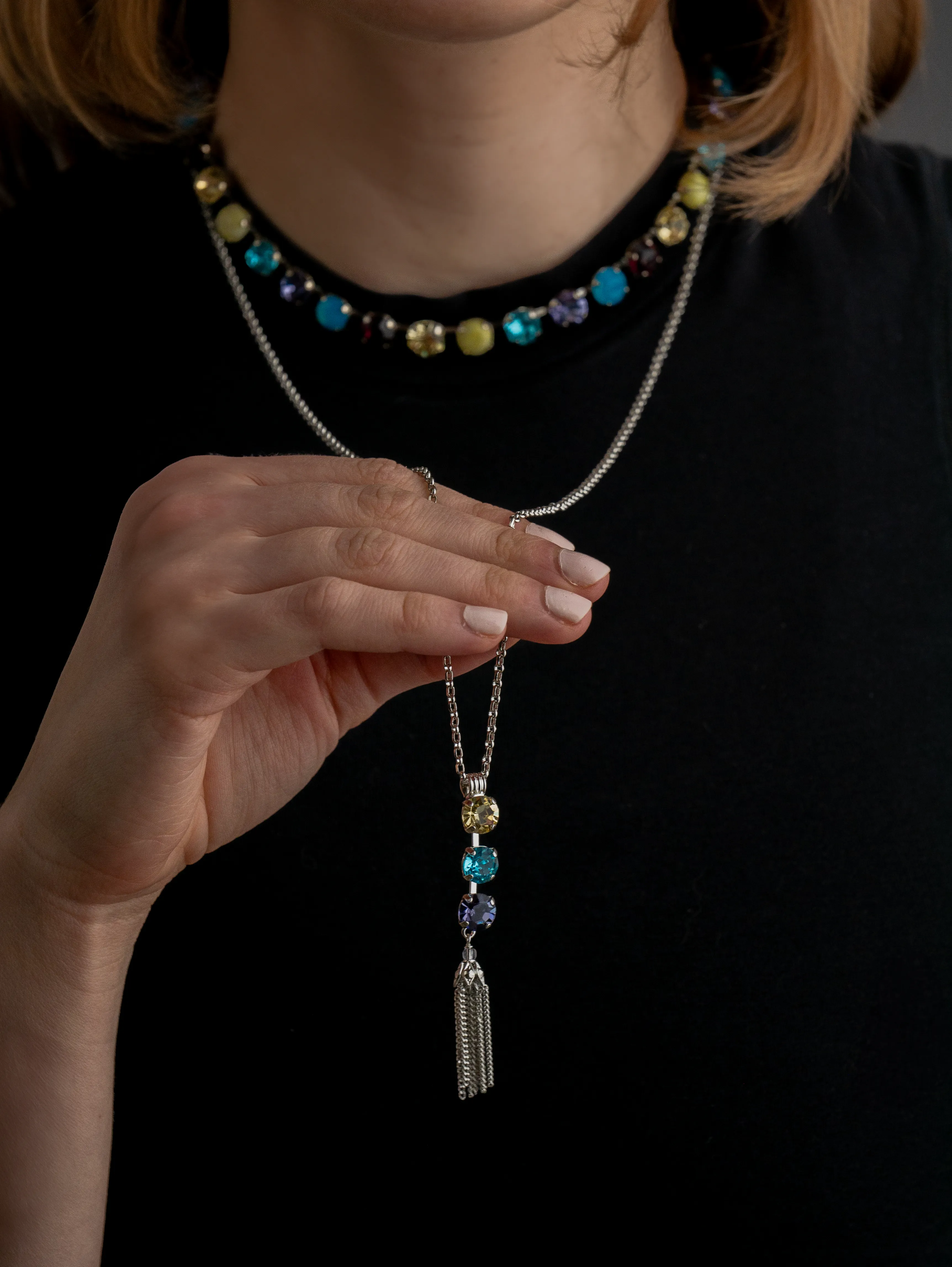 Medium Three Stone Pendant with Tassel in "Vineyard Veranda" *Custom*