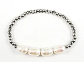 Nice 4 Piece Pearl With Silver Ball Bead Stretch Steel Bracelet