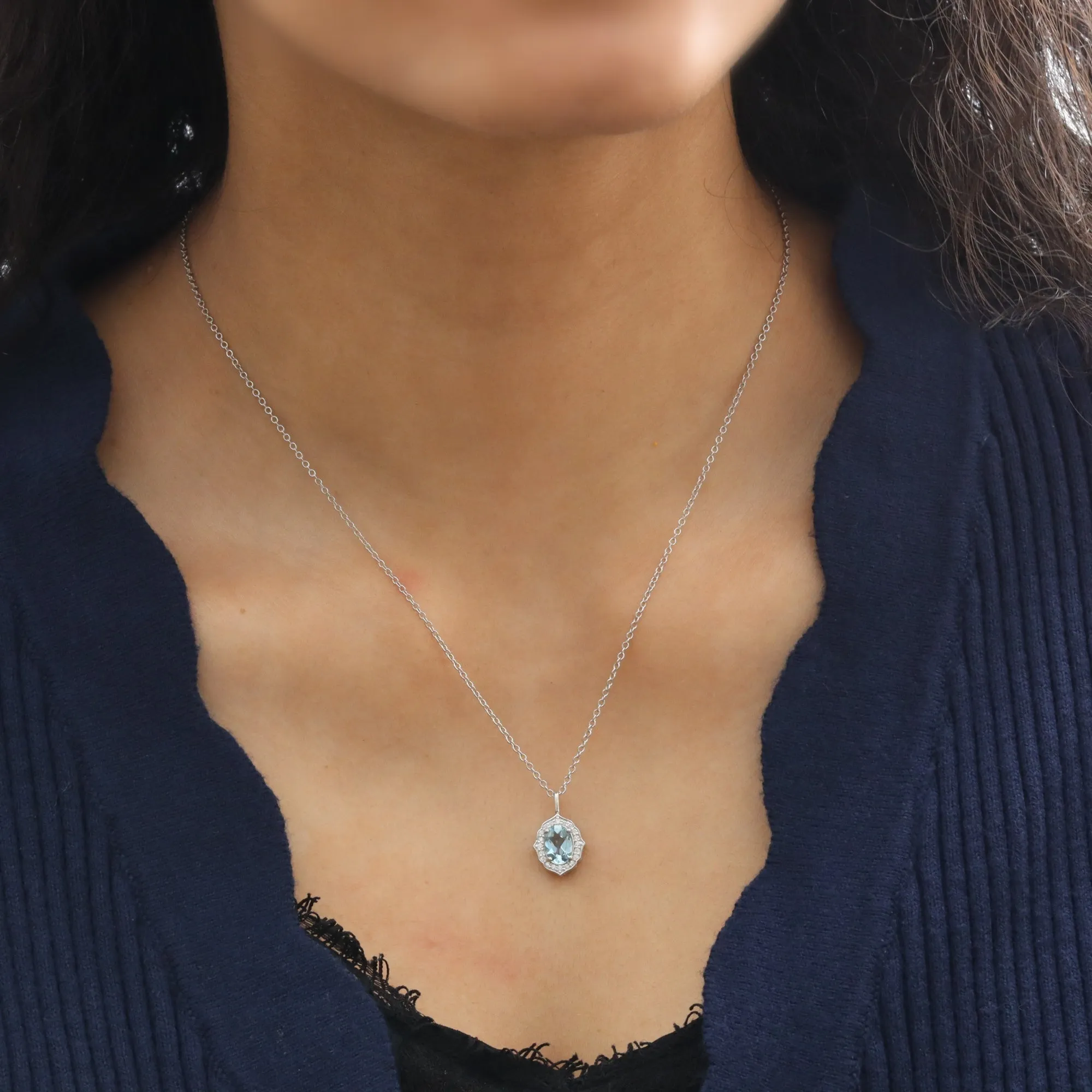 Oval Aquamarine Diamond Necklace in 14k Gold Vintage Floral Halo Pendant