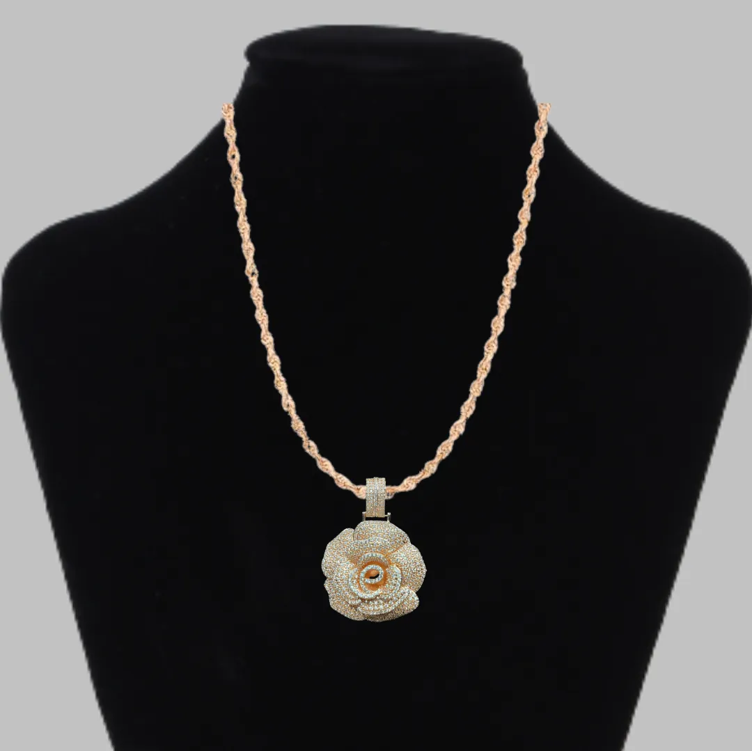 Rose Flower Iced Out Diamond Pendant Necklace