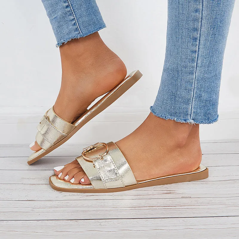 Sohiwoo Women Metal Ring Decor Slide Sandals Square Toe Flat Beach Slippers