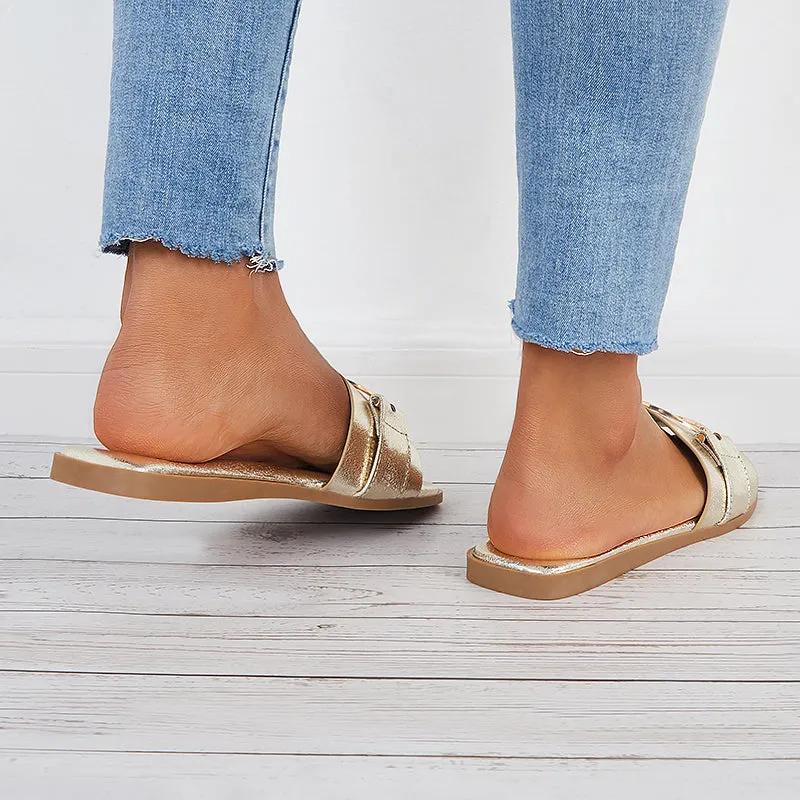 Sohiwoo Women Metal Ring Decor Slide Sandals Square Toe Flat Beach Slippers