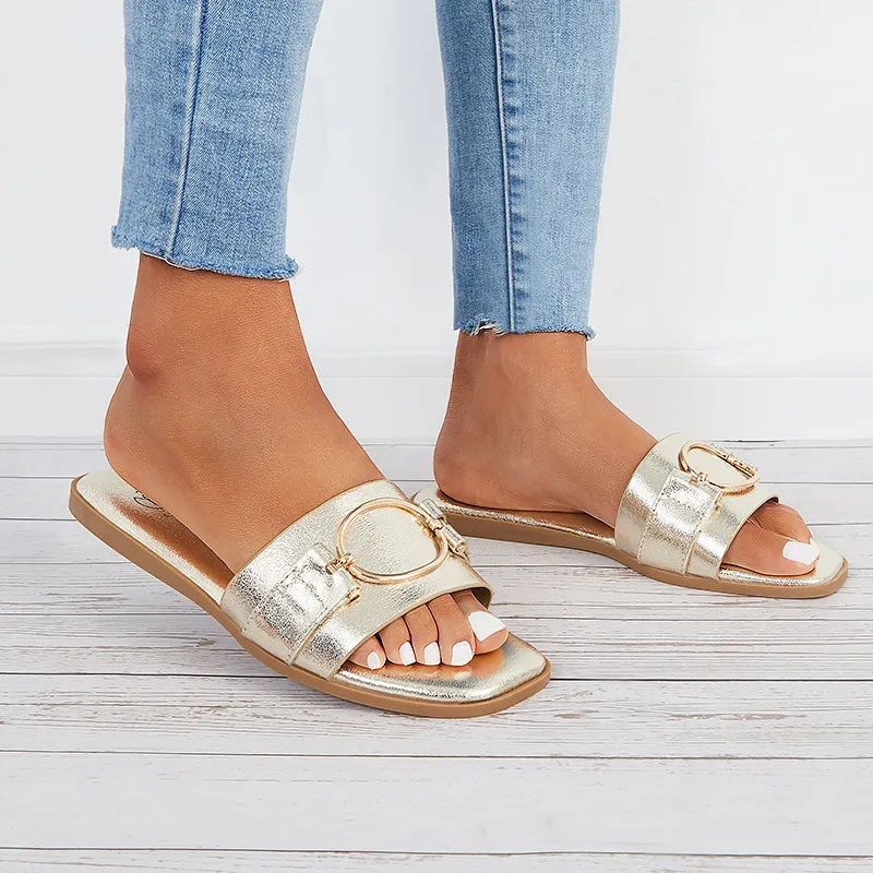 Sohiwoo Women Metal Ring Decor Slide Sandals Square Toe Flat Beach Slippers