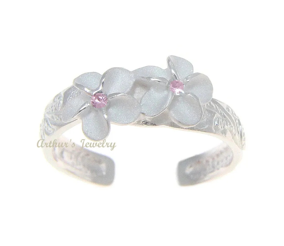 STERLING SILVER 925 HAWAIIAN 2 PLUMERIA FLOWER SCROLL TOE RING PINK CZ